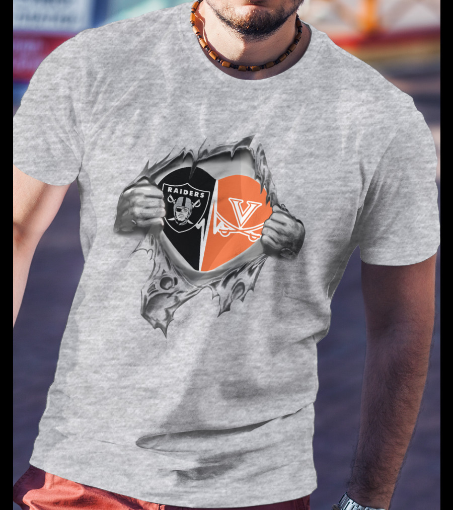Raiders Cavaliers Heartbeat Loyalty Fan Raiders Logo Virginia Cavaliers Heart T-Shirt