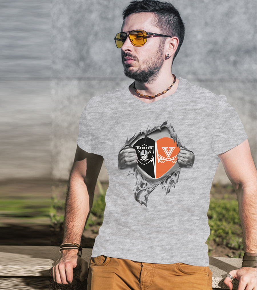 Raiders Cavaliers Heartbeat Loyalty Fan Raiders Logo Virginia Cavaliers Heart T-Shirt