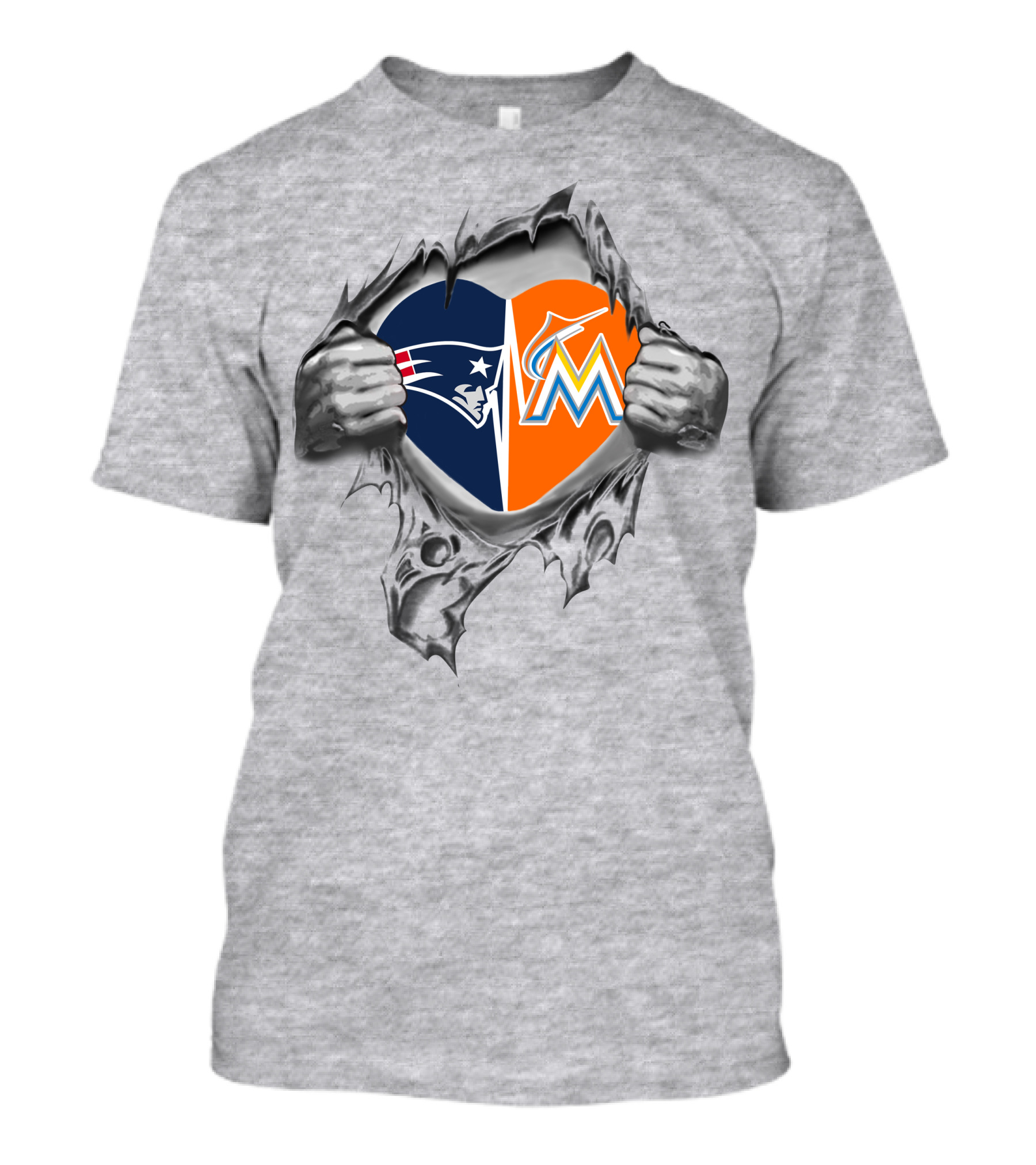 Patriots Marlins Heart Split With NFL And MLB T-Shirt