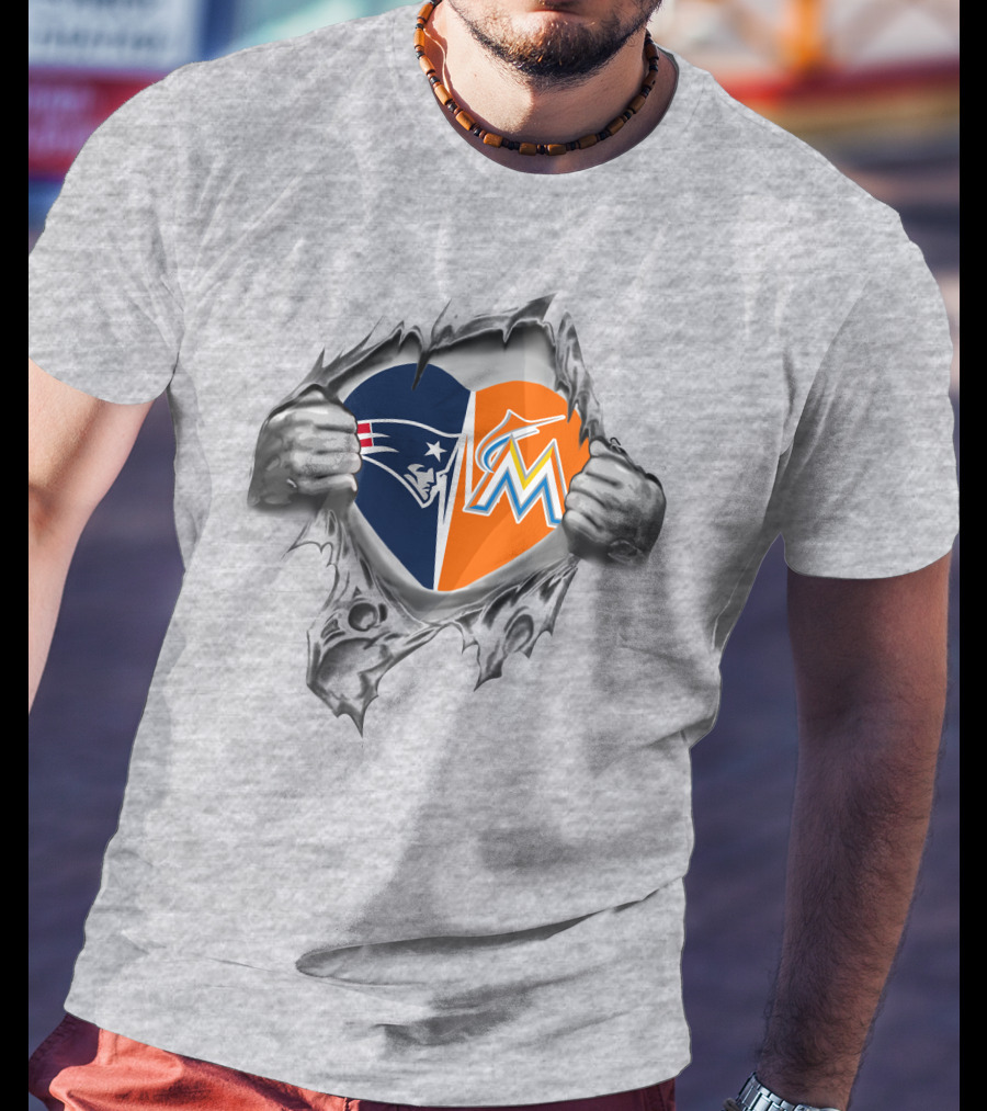 Patriots Marlins Heart Split With NFL And MLB T-Shirt