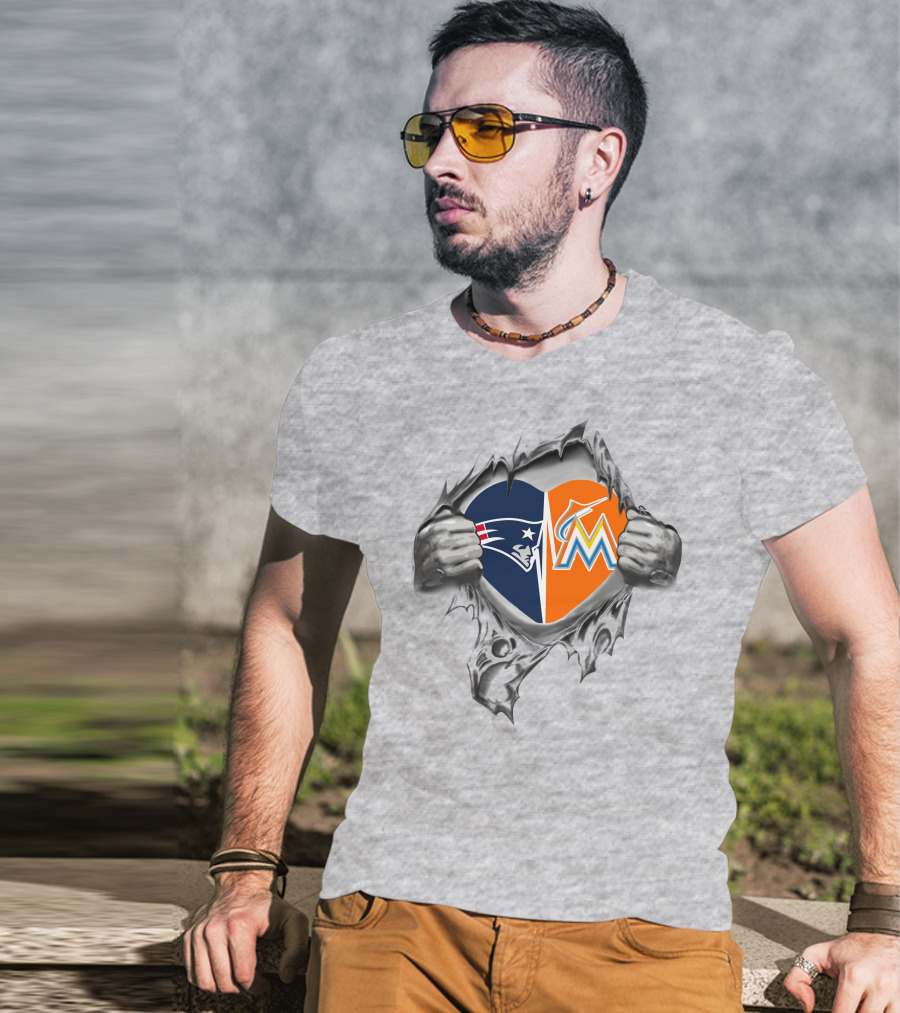 Patriots Marlins Heart Split With NFL And MLB T-Shirt