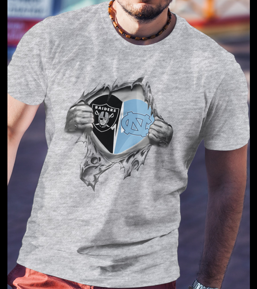 Raiders And Tar Heels Split Heart Emblem With Team Logos T-Shirt