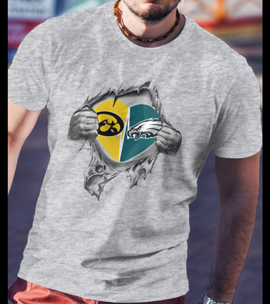 Eagles Iowa Hawkeyes Heart Logo Fusion Silver Torn T-Shirt