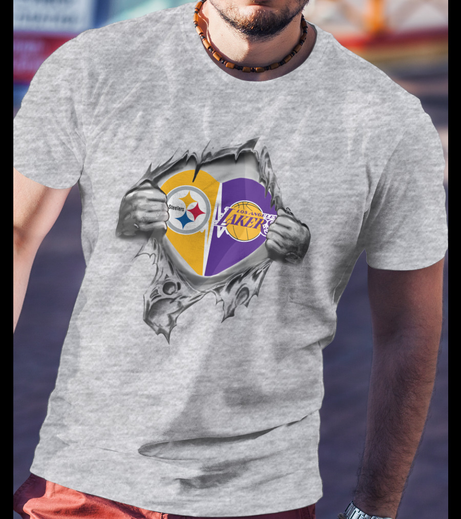 Pittsburgh Steelers Los Angeles Lakers Heart Logo Fusion T-Shirt