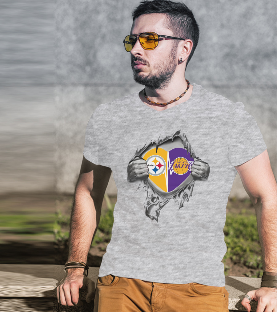 Pittsburgh Steelers Los Angeles Lakers Heart Logo Fusion T-Shirt