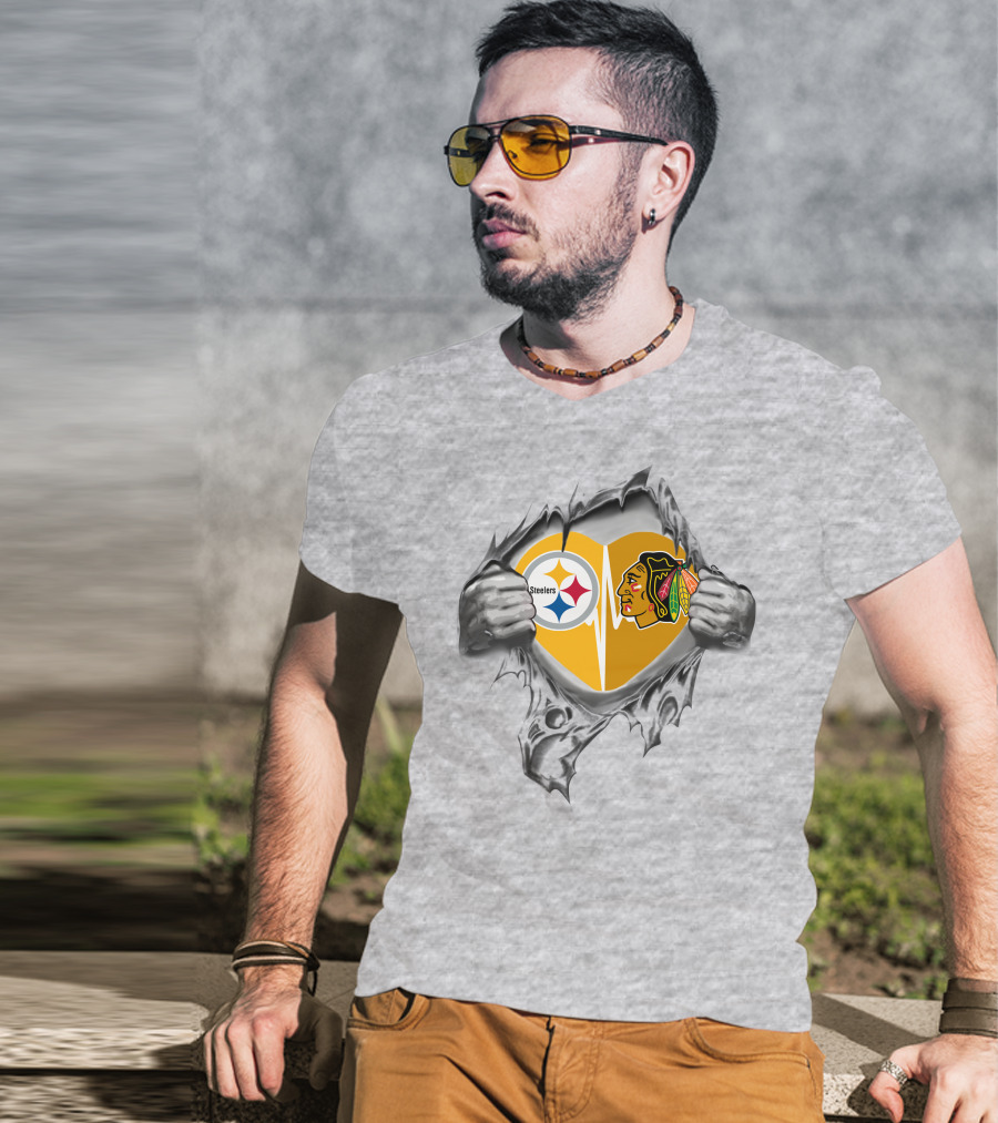 Steelers Blackhawks Heart Exposed Through Torn Surface Hands T-Shirt