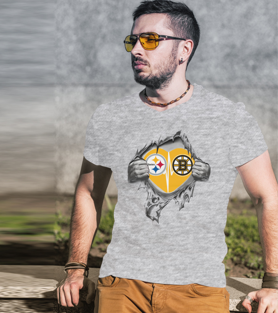 Steelers Bruins Heart Torn Open With Logos T-Shirt