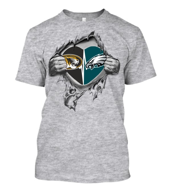 Eagles Missouri Tigers Heart With Logos And Torn Fabric T-Shirt