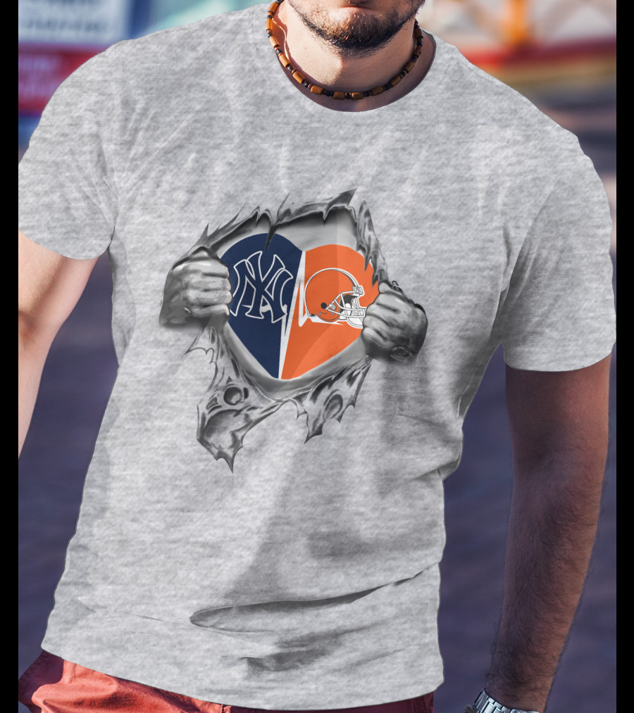 Browns Yankees Heart With Ripped Hands T-Shirt