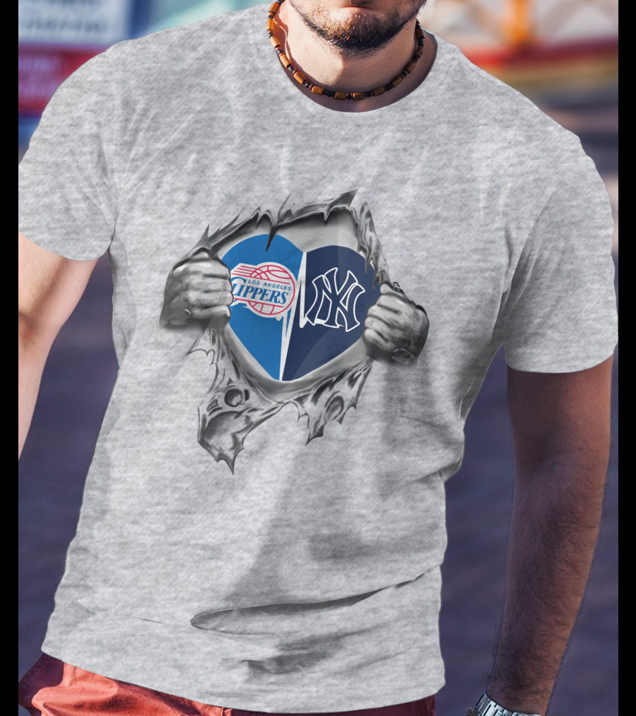 Los Angeles Clippers New York Yankees Heart In Hands T-Shirt