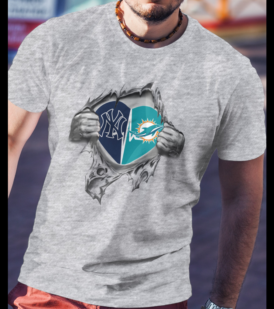 Dolphins Yankees Heart With Peeling Fabric T-Shirt
