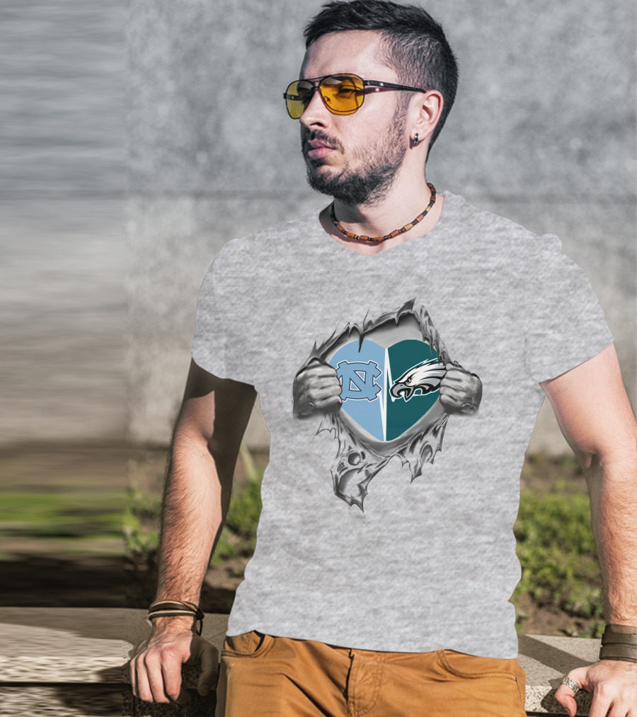 Eagles Tar Heels Heart Design With Hands Tearing Background T-Shirt