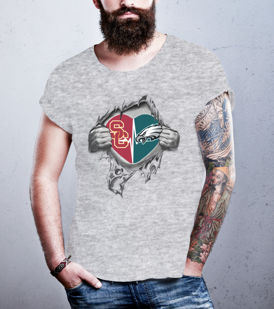 Philadelphia Eagles USC Trojans Heart In Hands Logo Fusion T-Shirt