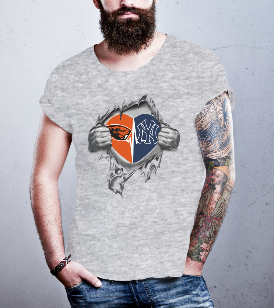 Yankees Beavers Heart Symbol With Logos In Tearing T-Shirt
