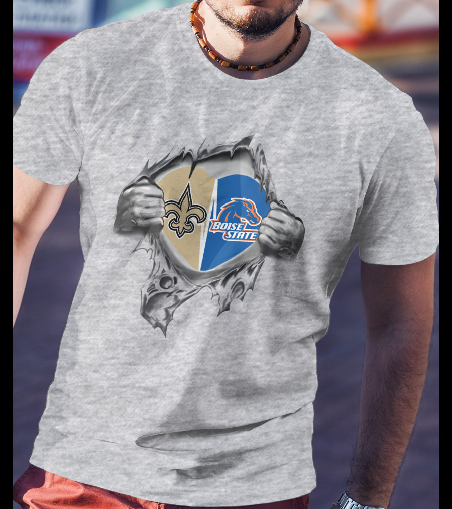 Boise State Broncos And Saints Heart Emblem Burst T-Shirt