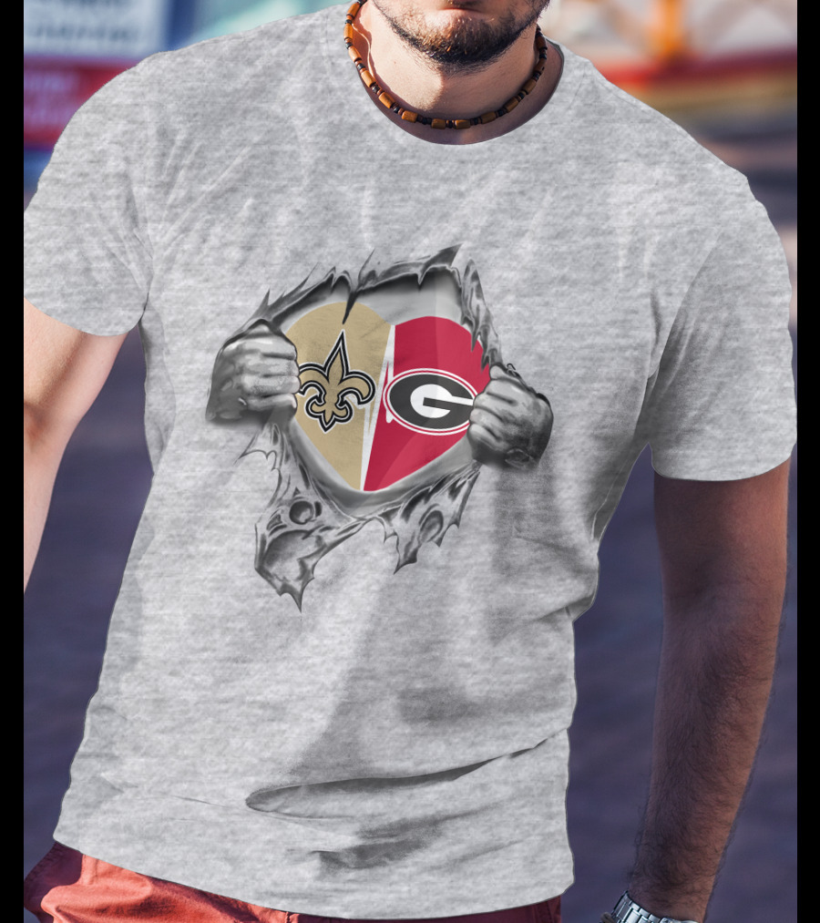 Saints Bulldogs Heart Torn Open Fleur-de-Lis Georgia T-Shirt