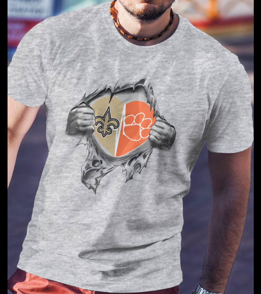 Saints Clemson Tigers Heart Design Football T-Shirt