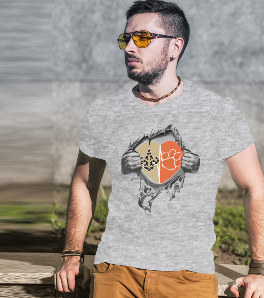 Saints Clemson Tigers Heart Design Football T-Shirt