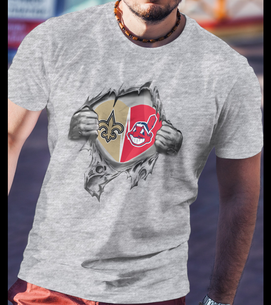 Saints Indians Heart With NFL Fleur-de-Lis And Chief T-Shirt