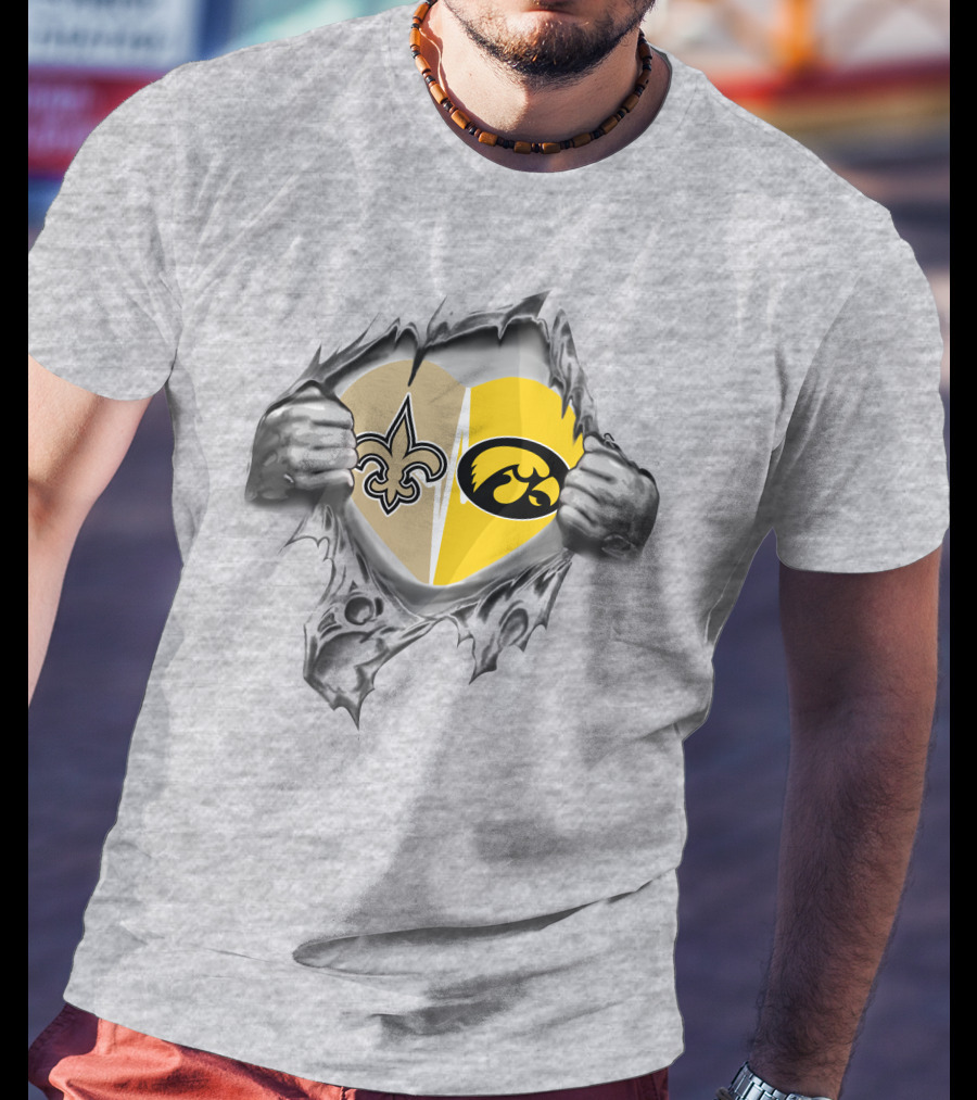 Saints Iowa Heart Split Fleur-de-Lis And Hawkeye T-Shirt