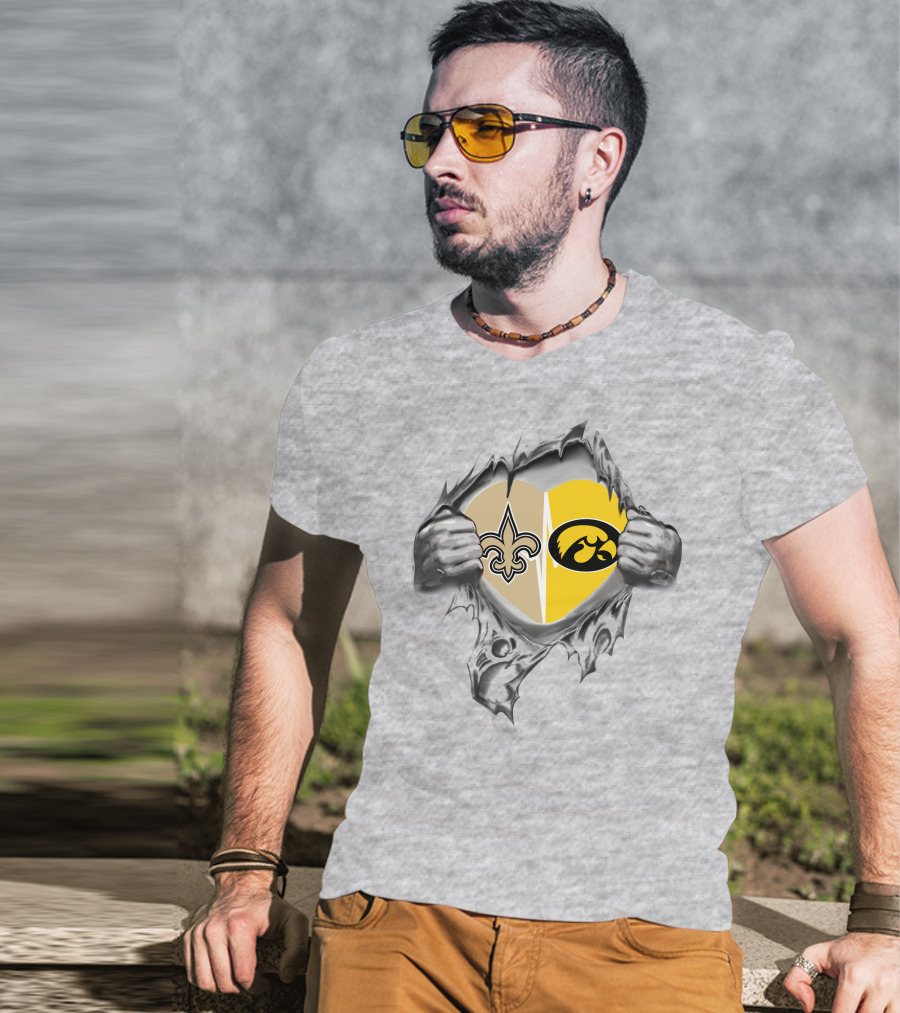Saints Iowa Heart Split Fleur-de-Lis And Hawkeye T-Shirt