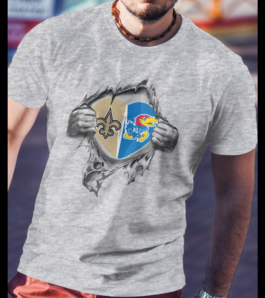 Saints Kansas Jayhawks Heart Together Inside Ripped T-Shirt