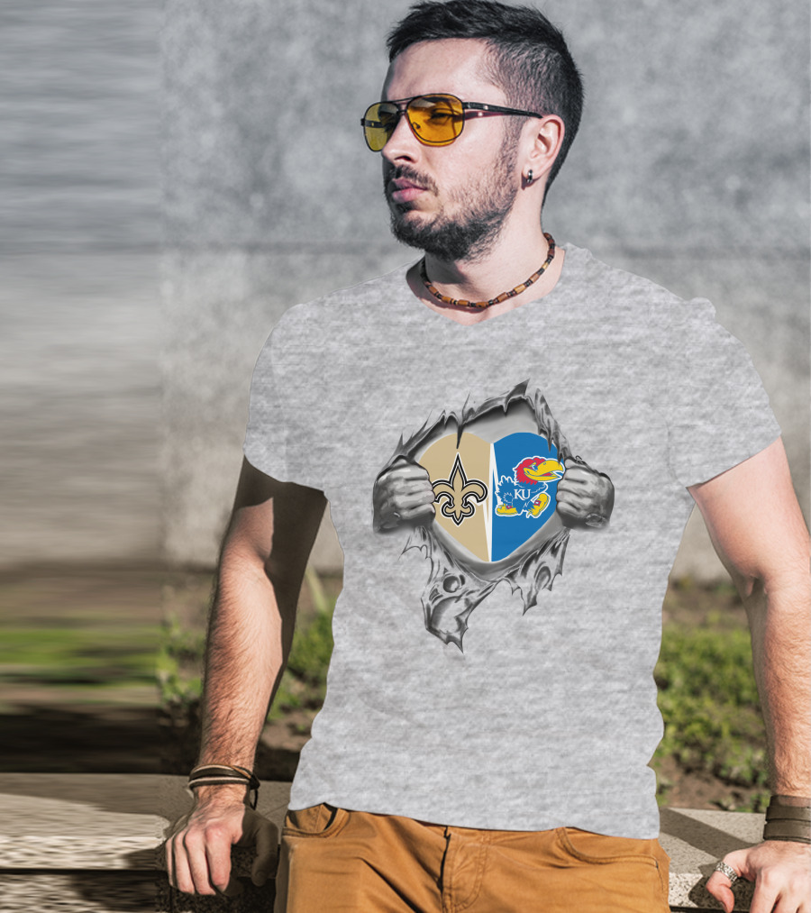 Saints Kansas Jayhawks Heart Together Inside Ripped T-Shirt
