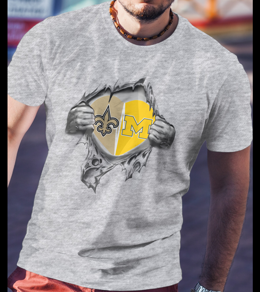 Saints And Michigan Heart Symbol With Fleur-de-lis And Block M T-Shirt