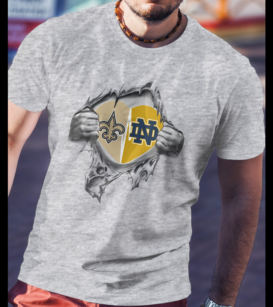 Saints Notre Dame Heart Torn Open Fleur-de-Lis ND T-Shirt