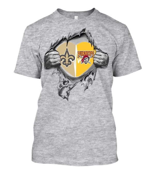 Saints Pirates Heart Split Fleur-de-Lis And Jolly Roger T-Shirt