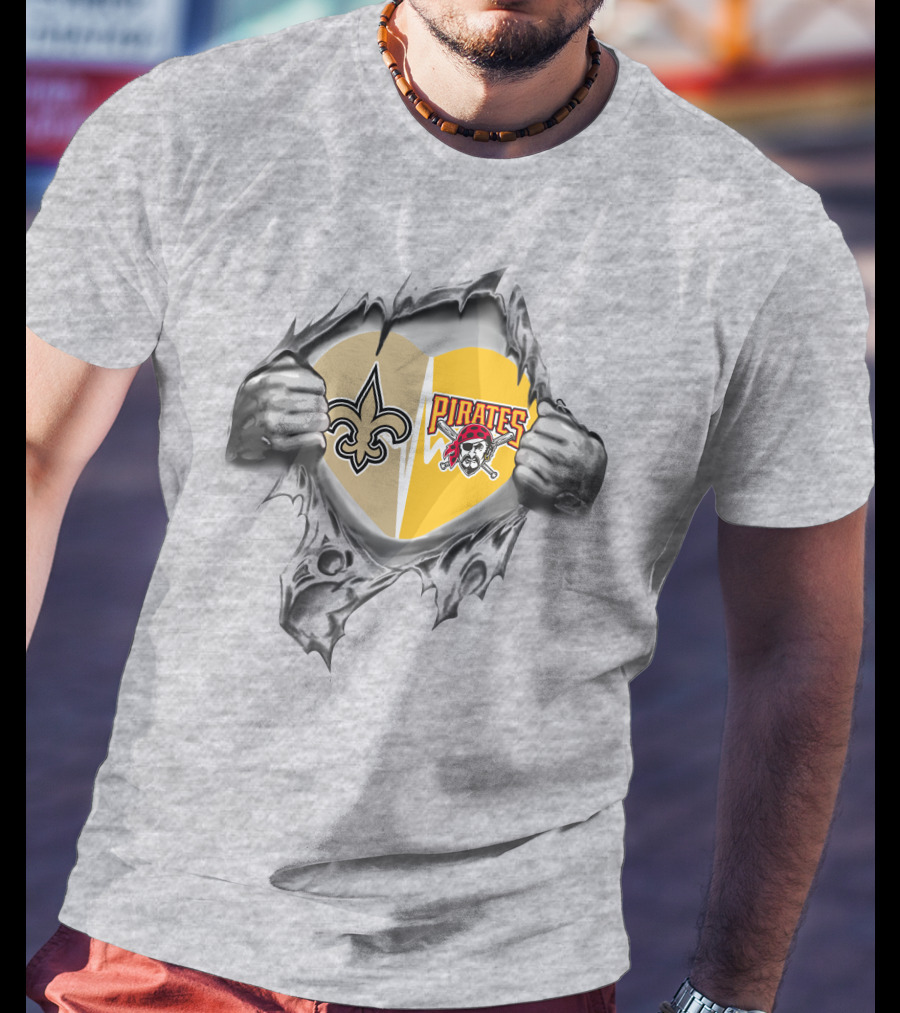 Saints Pirates Heart Split Fleur-de-Lis And Jolly Roger T-Shirt