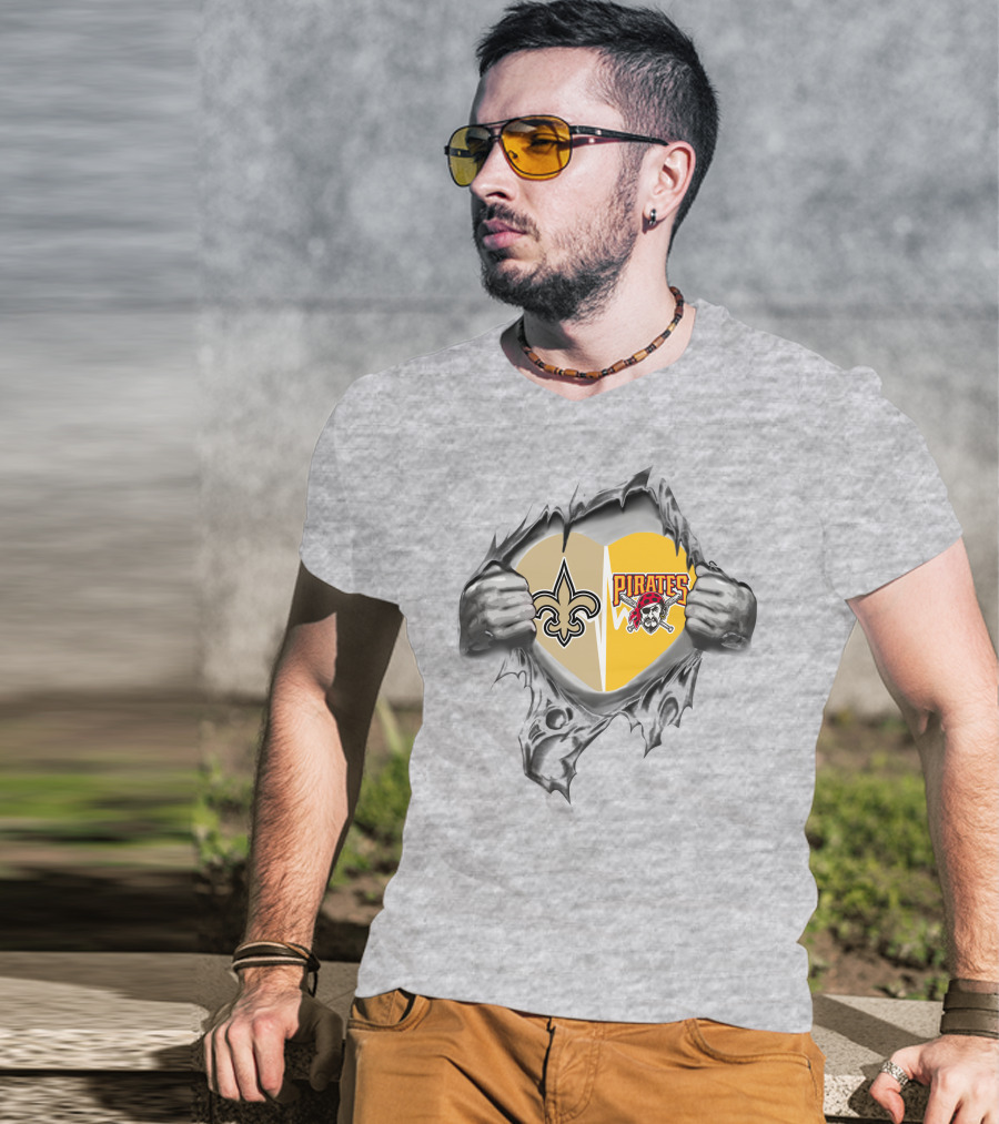 Saints Pirates Heart Split Fleur-de-Lis And Jolly Roger T-Shirt