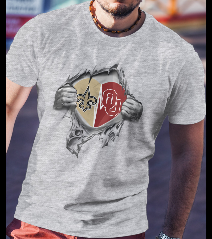Saints Sooners Heart Torn Open Fleur-de-Lis OU T-Shirt