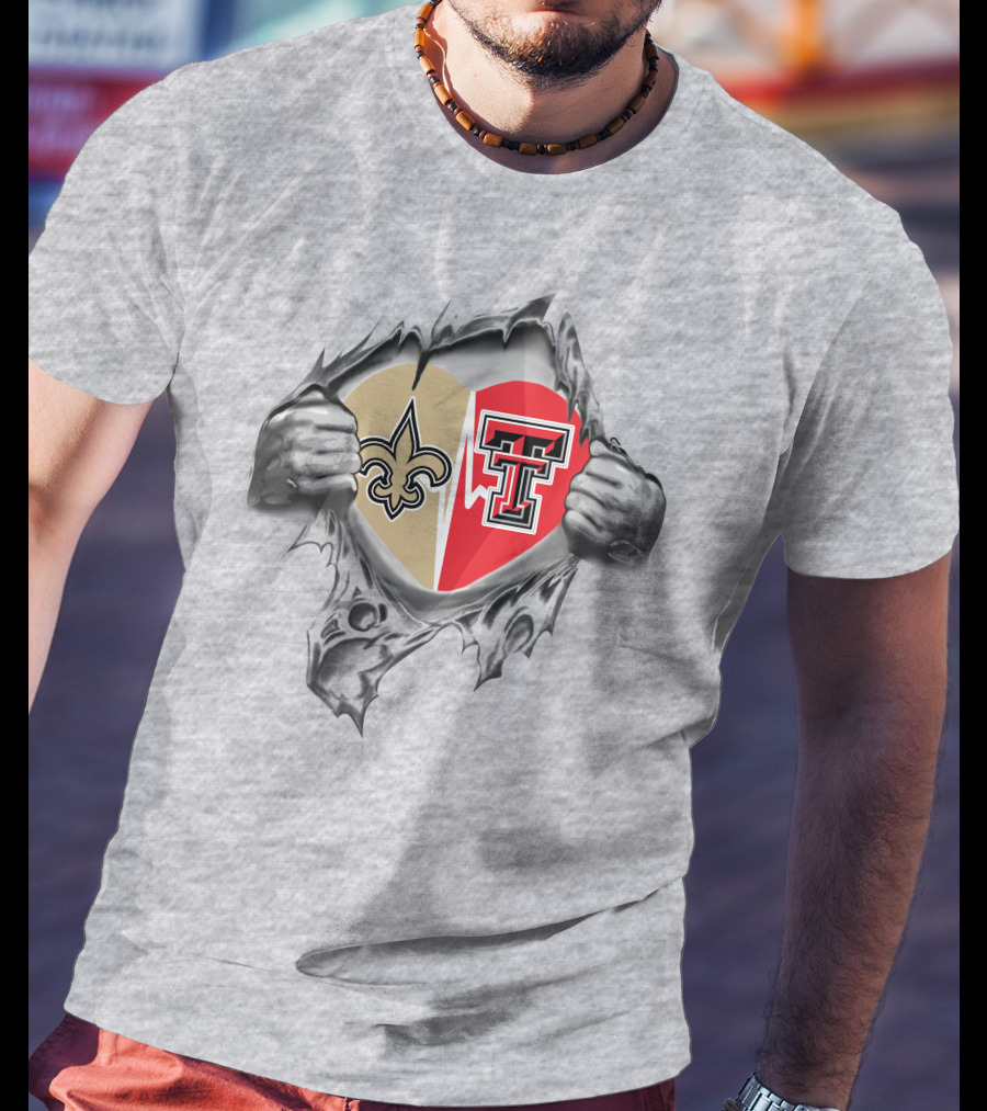 Saints Fleur-de-Lis And Texas Tech Double T Heart T-Shirt