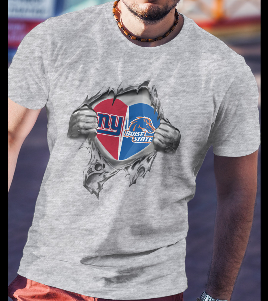 Giants Boise State Heart Combined Logos Torn Reveal T-Shirt