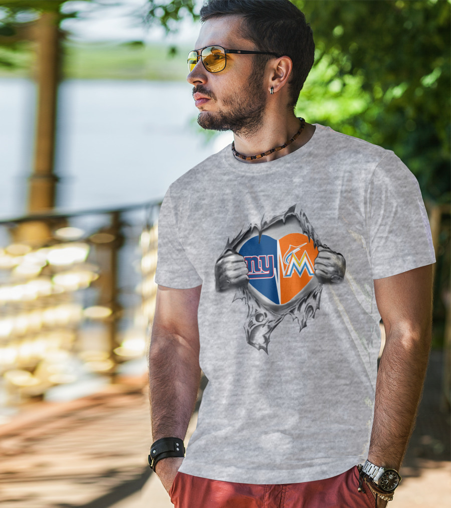 Giants Marlins Heart Split NY SF Miami Logo Inside T-Shirt