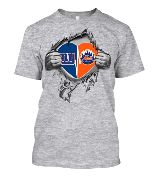 Giants Mets Heart Emblem Ripped Hands Logo Nfl Mlb Fan T-Shirt
