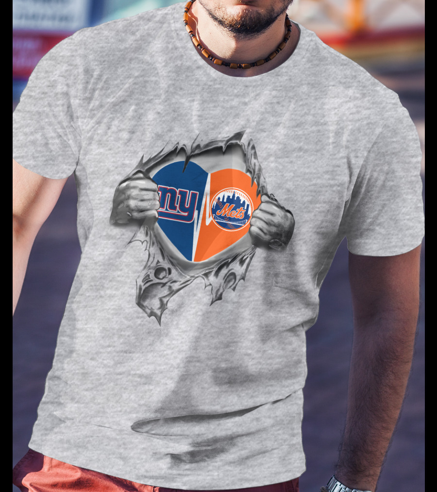 Giants Mets Heart Emblem Ripped Hands Logo Nfl Mlb Fan T-Shirt