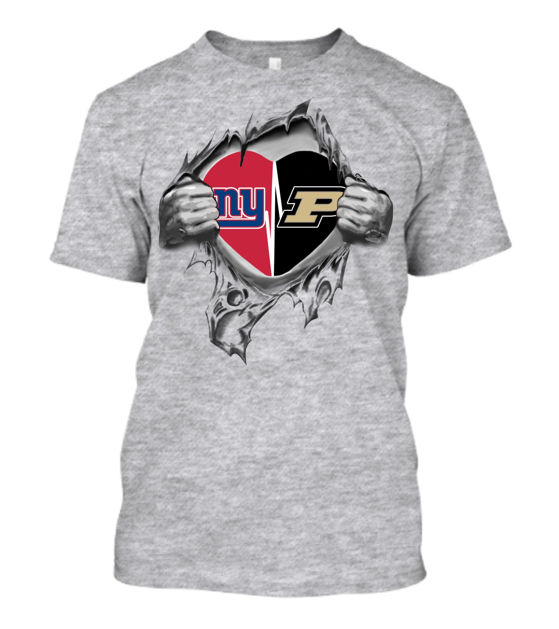New York Giants And Purdue University Split Heart Design Tear Open T-Shirt
