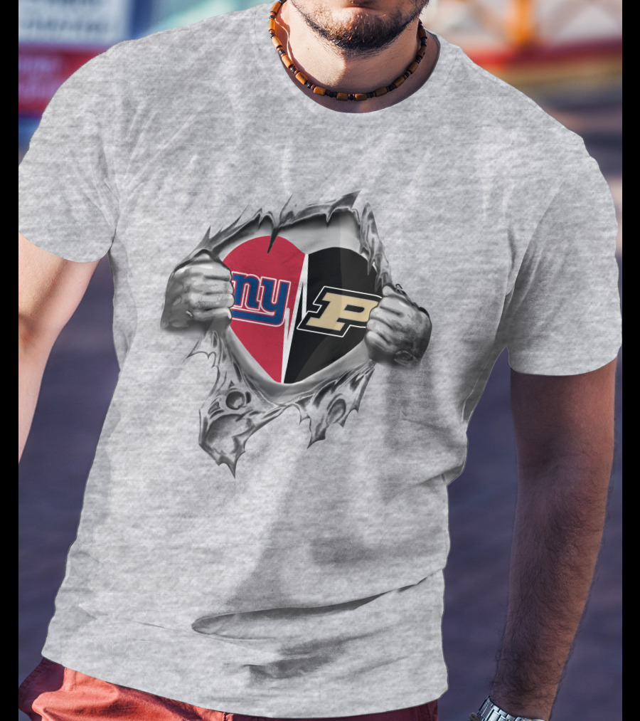 New York Giants And Purdue University Split Heart Design Tear Open T-Shirt