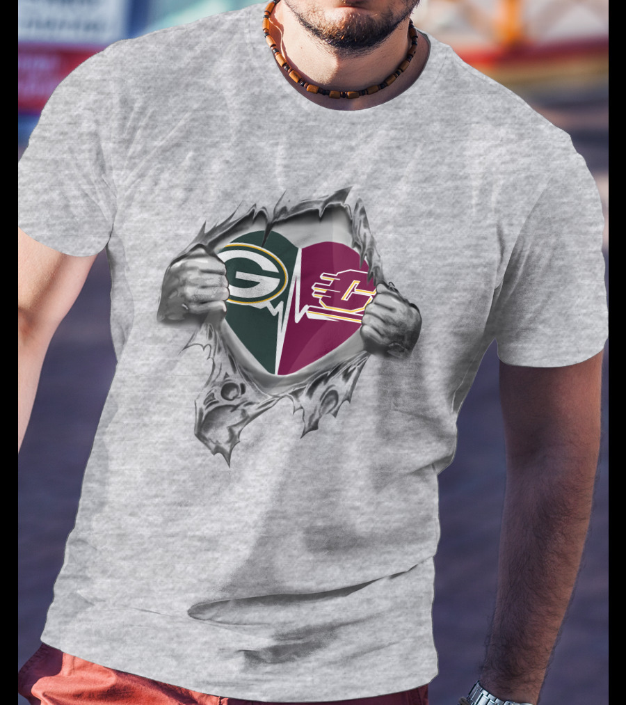 Green Bay Packers Central Michigan Chippewas Heartbeat Logo Fusion T-Shirt
