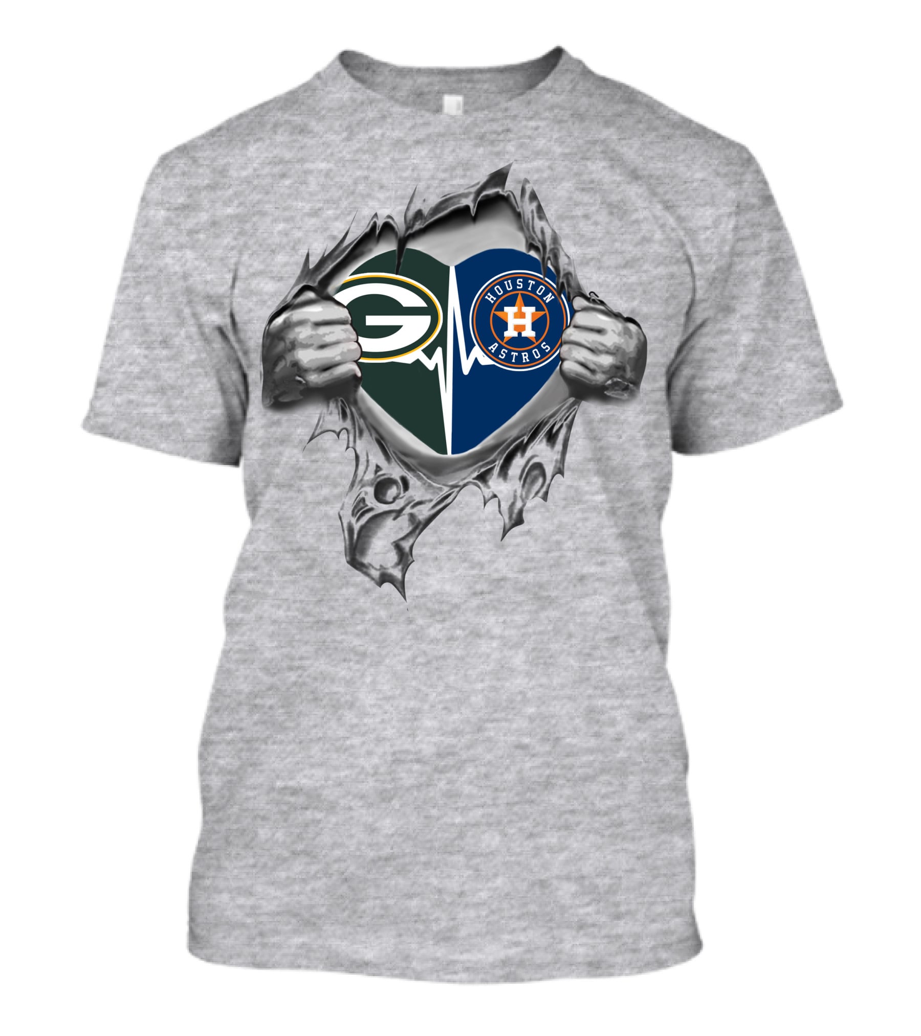 Green Bay Packers Houston Astros Heart Logos Peeking Through Ripped Chest T-Shirt