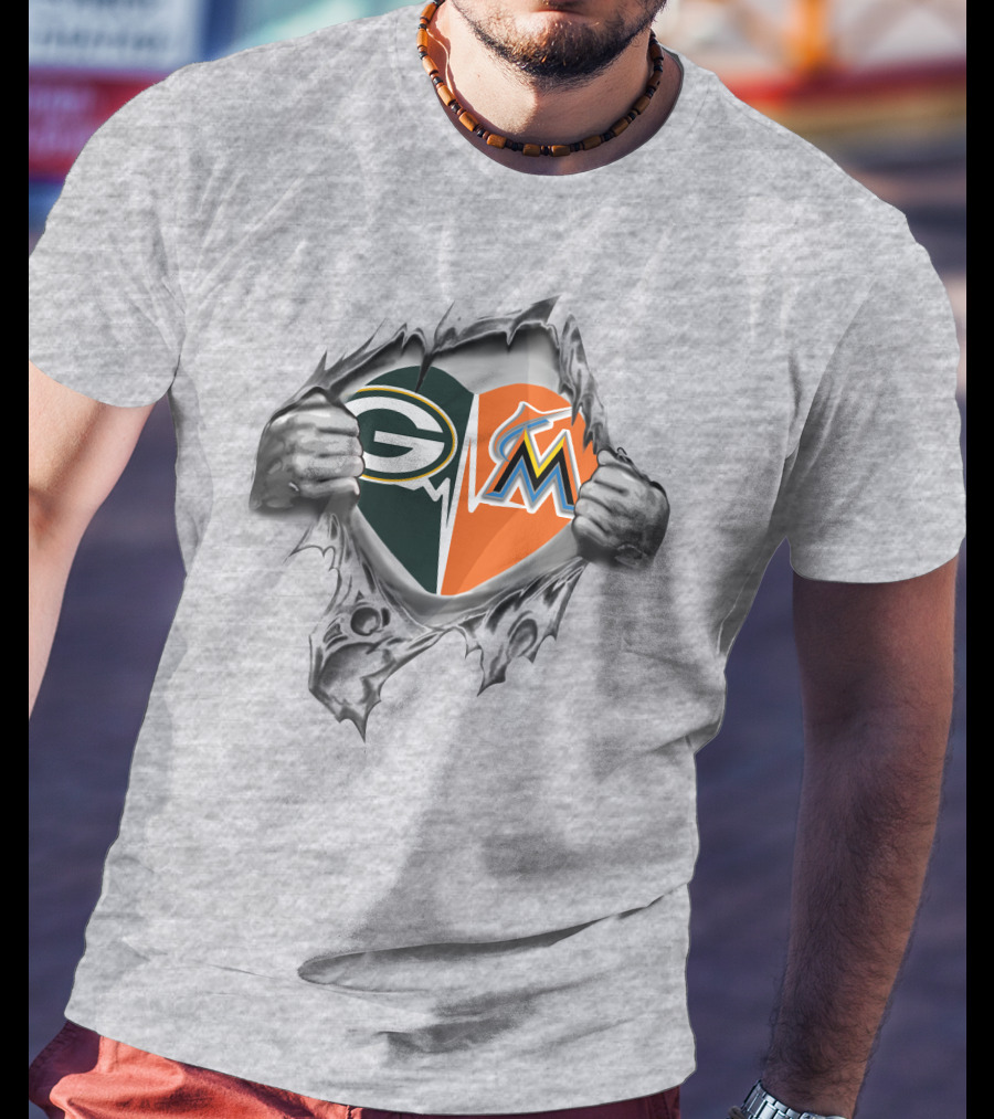 Green Bay Packers Miami Marlins Heart Rip T-Shirt