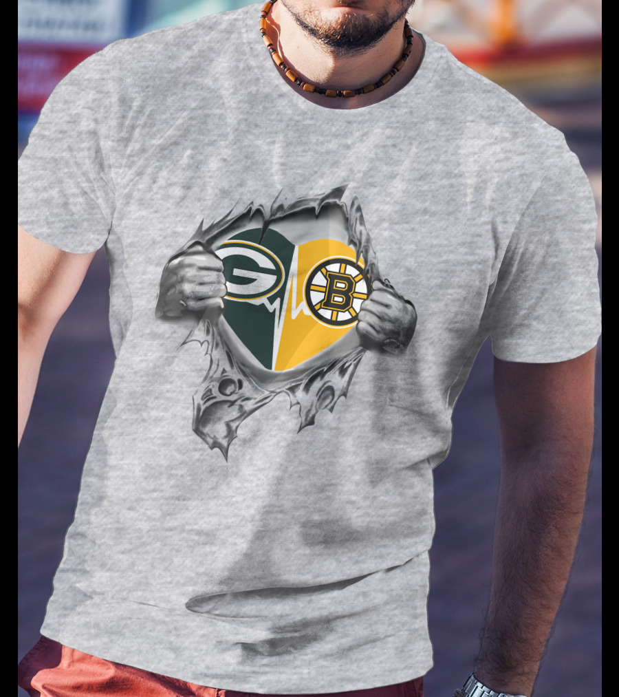 Green Bay Packers Boston Bruins Heart Logo Fusion T-Shirt