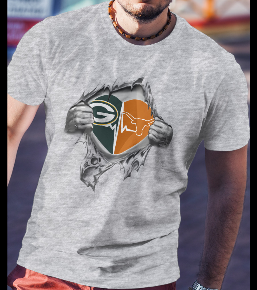 Green Bay Packers Heartbeat Texas Longhorns Logo Fusion T-Shirt