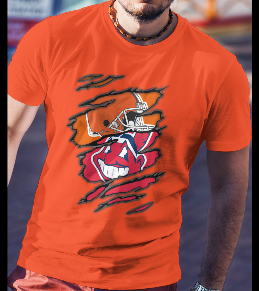 Cleveland Browns Helmet Retro Indians Chief Wahoo Claw Marks Logo Combination T-Shirt