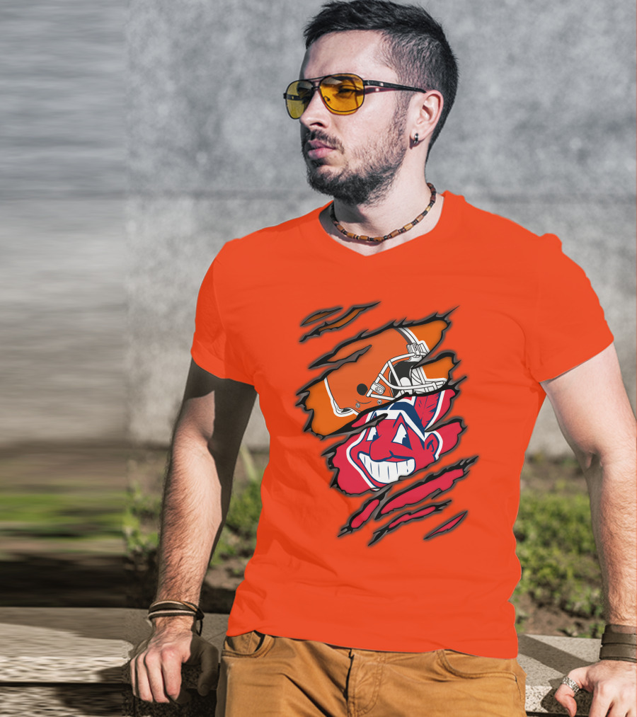 Cleveland Browns Helmet Retro Indians Chief Wahoo Claw Marks Logo Combination T-Shirt
