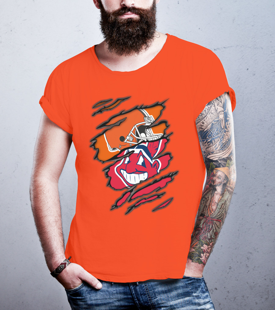 Cleveland Browns Helmet Retro Indians Chief Wahoo Claw Marks Logo Combination T-Shirt