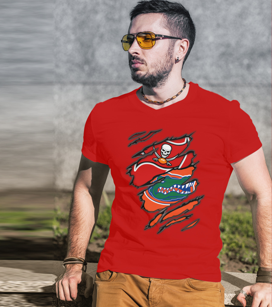 Buccaneers Gators Skull Football And Alligator Dual Logo Burst T-Shirt