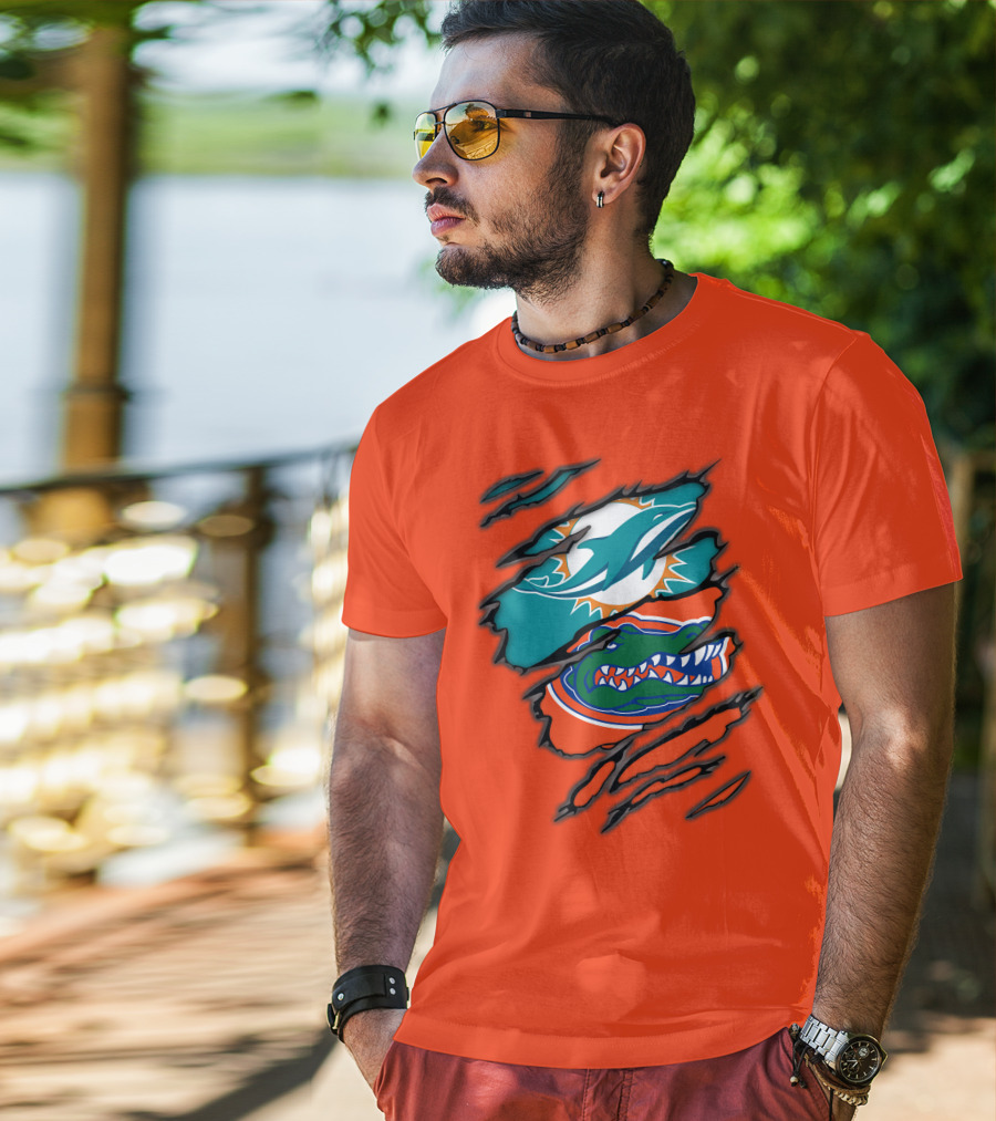 Miami Dolphins Florida Gators Logo Rip T-Shirt